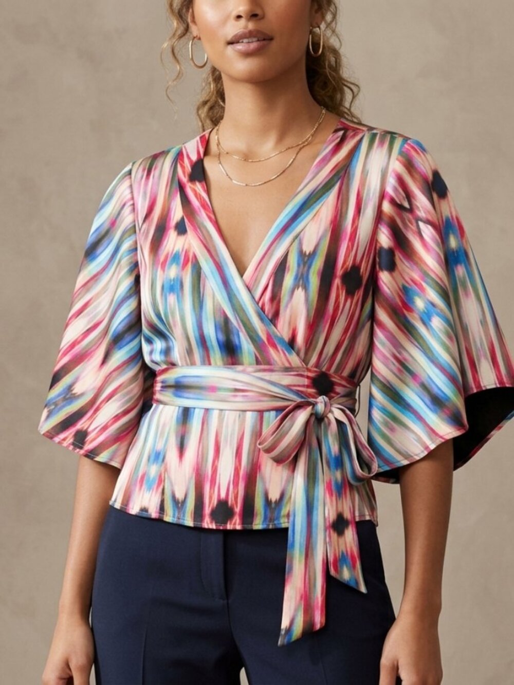 Nanette Lepore sz 0 Ikat V Neck Shirt Blouse Topfaux wrap front tie